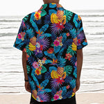 Turquoise Hawaiian Fruits Pattern Print Textured Short Sleeve Shirt