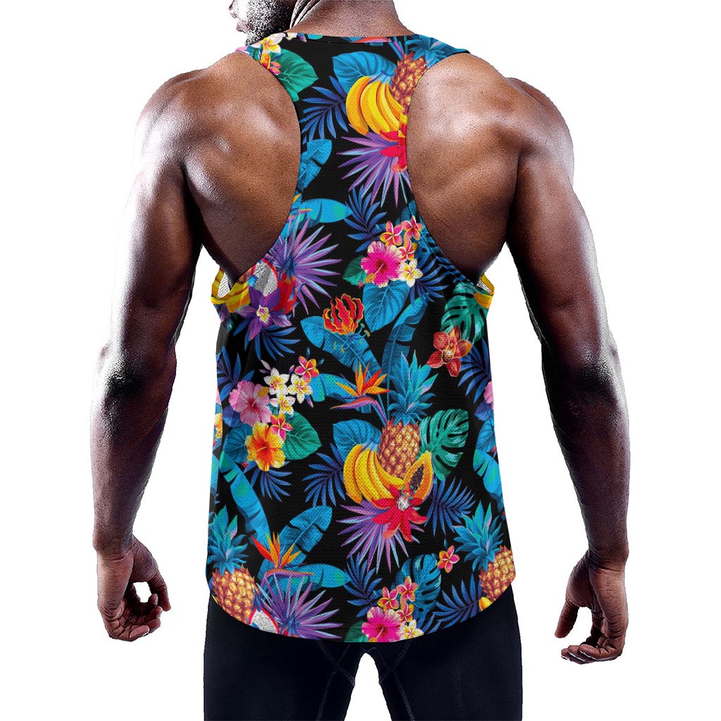 Turquoise Hawaiian Fruits Pattern Print Training Tank Top