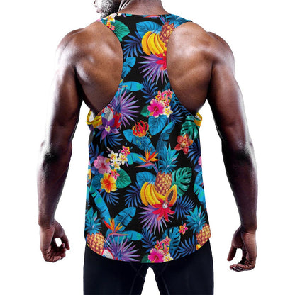 Turquoise Hawaiian Fruits Pattern Print Training Tank Top