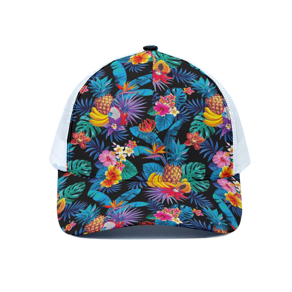 Turquoise Hawaiian Fruits Pattern Print White Mesh Trucker Cap