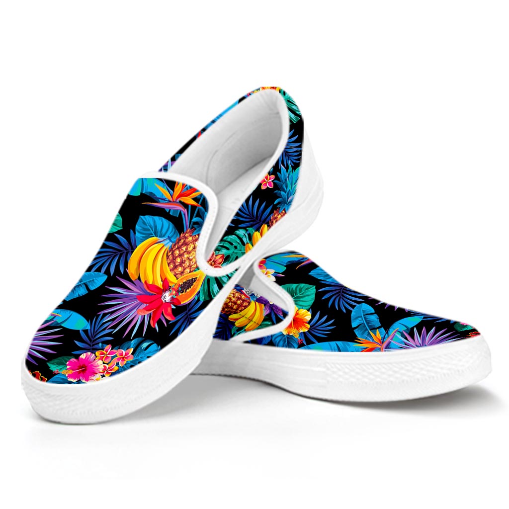 Turquoise Hawaiian Fruits Pattern Print White Slip On Sneakers