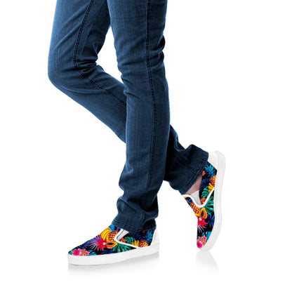 Turquoise Hawaiian Fruits Pattern Print White Slip On Sneakers