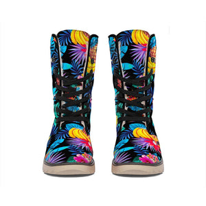 Turquoise Hawaiian Fruits Pattern Print Winter Boots