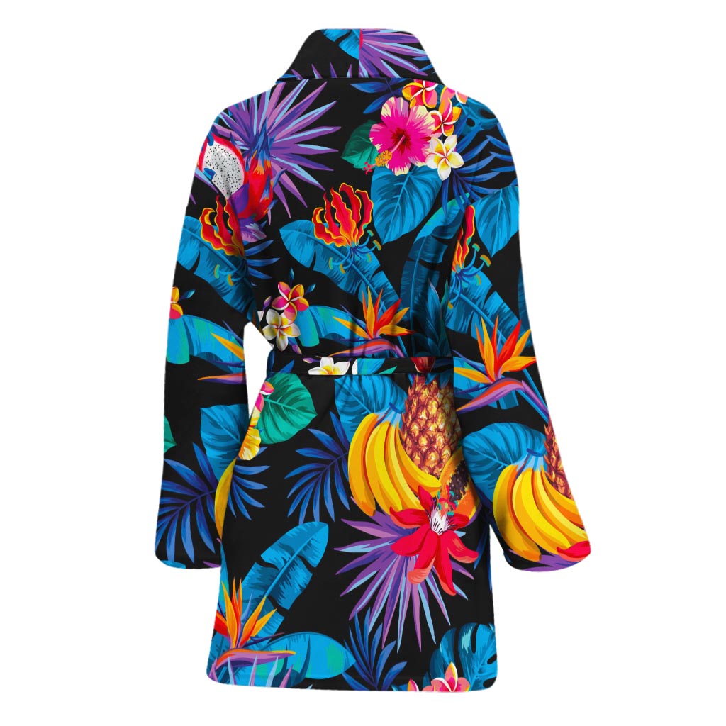 Turquoise Hawaiian Fruits Pattern Print Women's Bathrobe