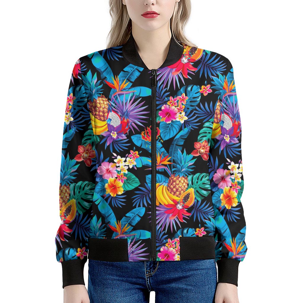 Turquoise Hawaiian Fruits Pattern Print Women's Bomber Jacket