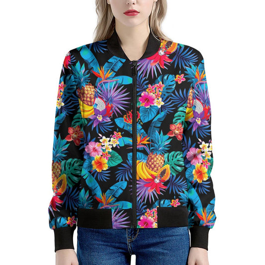 Turquoise Hawaiian Fruits Pattern Print Women's Bomber Jacket