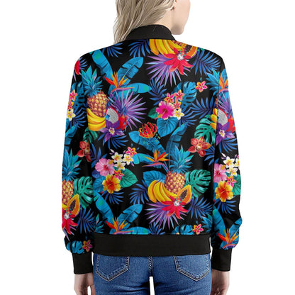 Turquoise Hawaiian Fruits Pattern Print Women's Bomber Jacket
