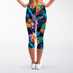 Turquoise Hawaiian Fruits Pattern Print Women's Capri Leggings