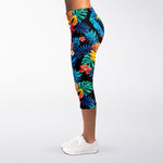 Turquoise Hawaiian Fruits Pattern Print Women's Capri Leggings