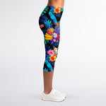 Turquoise Hawaiian Fruits Pattern Print Women's Capri Leggings