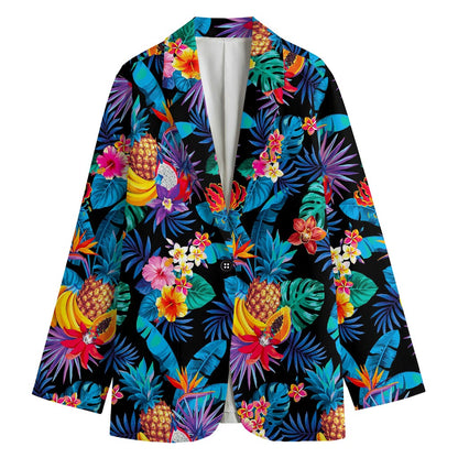 Turquoise Hawaiian Fruits Pattern Print Women's Cotton Blazer