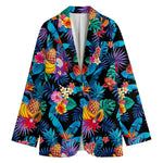 Turquoise Hawaiian Fruits Pattern Print Women's Cotton Blazer