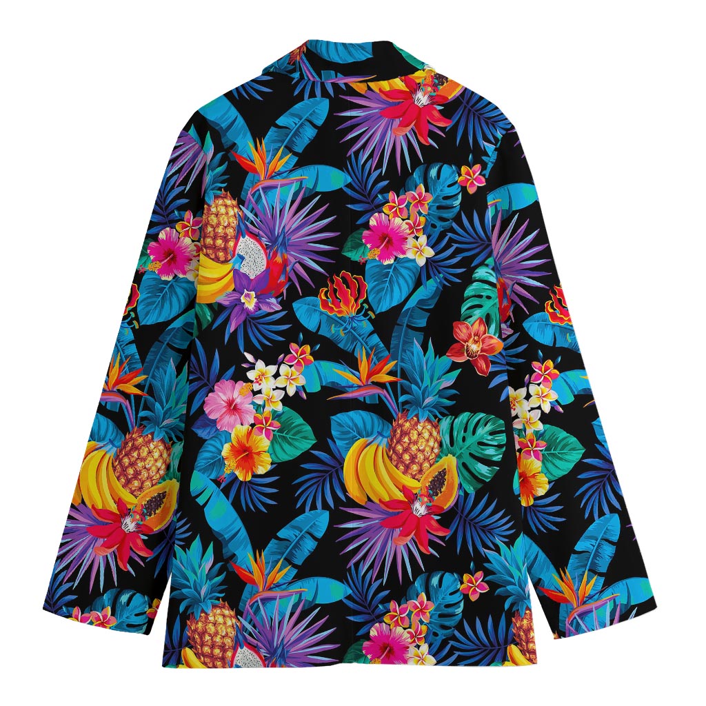 Turquoise Hawaiian Fruits Pattern Print Women's Cotton Blazer