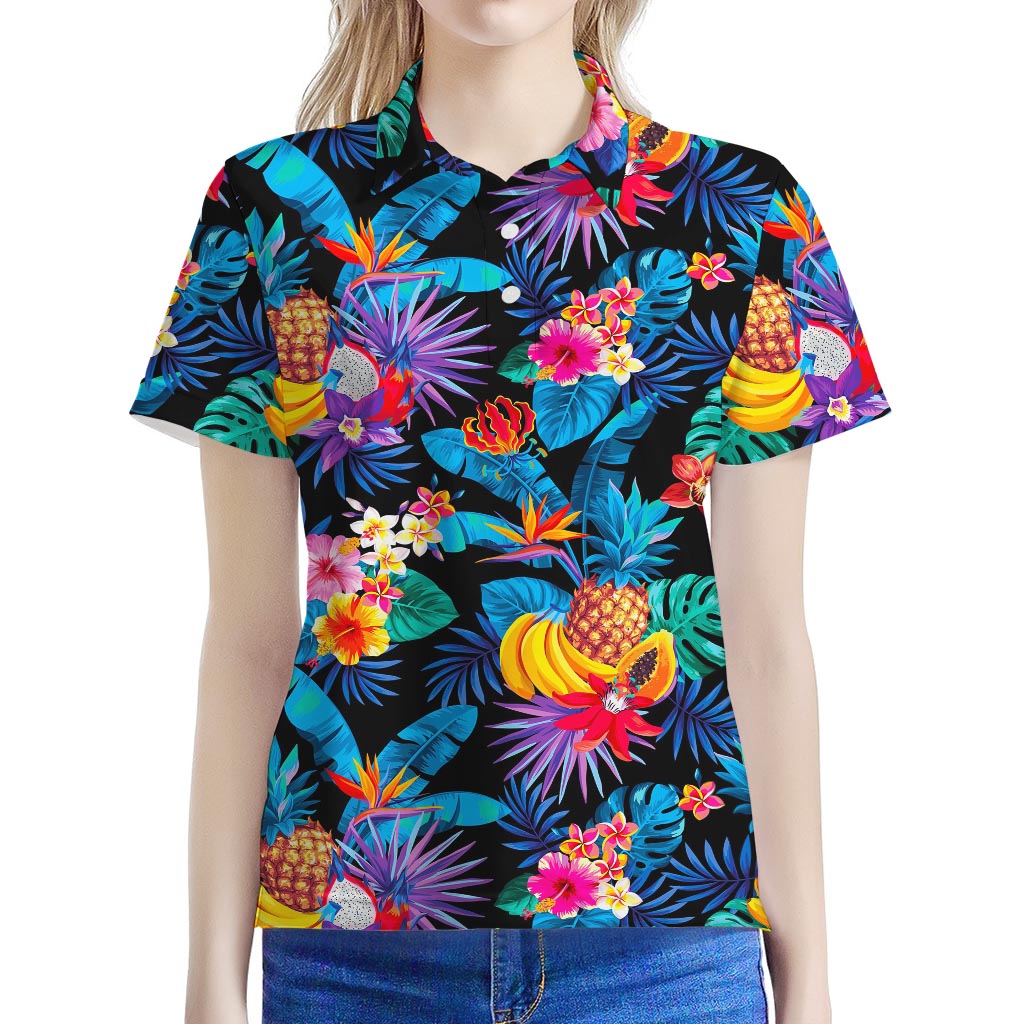 Turquoise Hawaiian Fruits Pattern Print Women's Polo Shirt