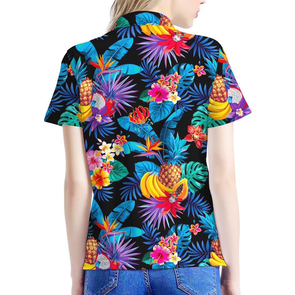 Turquoise Hawaiian Fruits Pattern Print Women's Polo Shirt