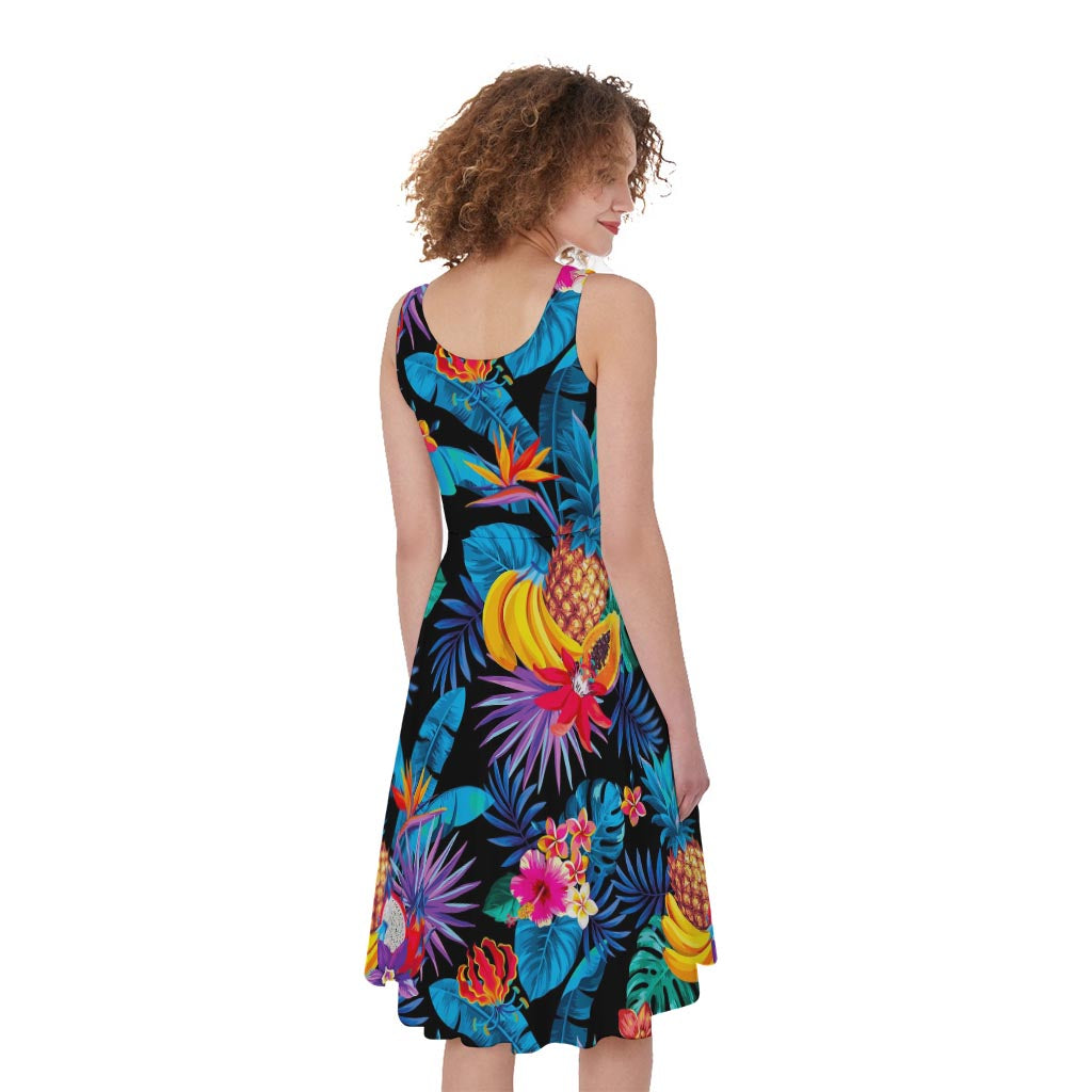 Turquoise Hawaiian Fruits Pattern Print Women's Sleeveless Dress