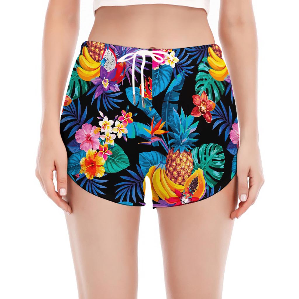 Turquoise Hawaiian Fruits Pattern Print Women's Split Running Shorts