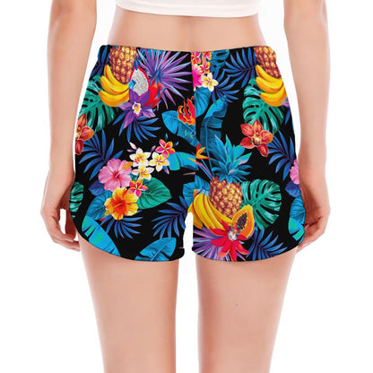 Turquoise Hawaiian Fruits Pattern Print Women's Split Running Shorts