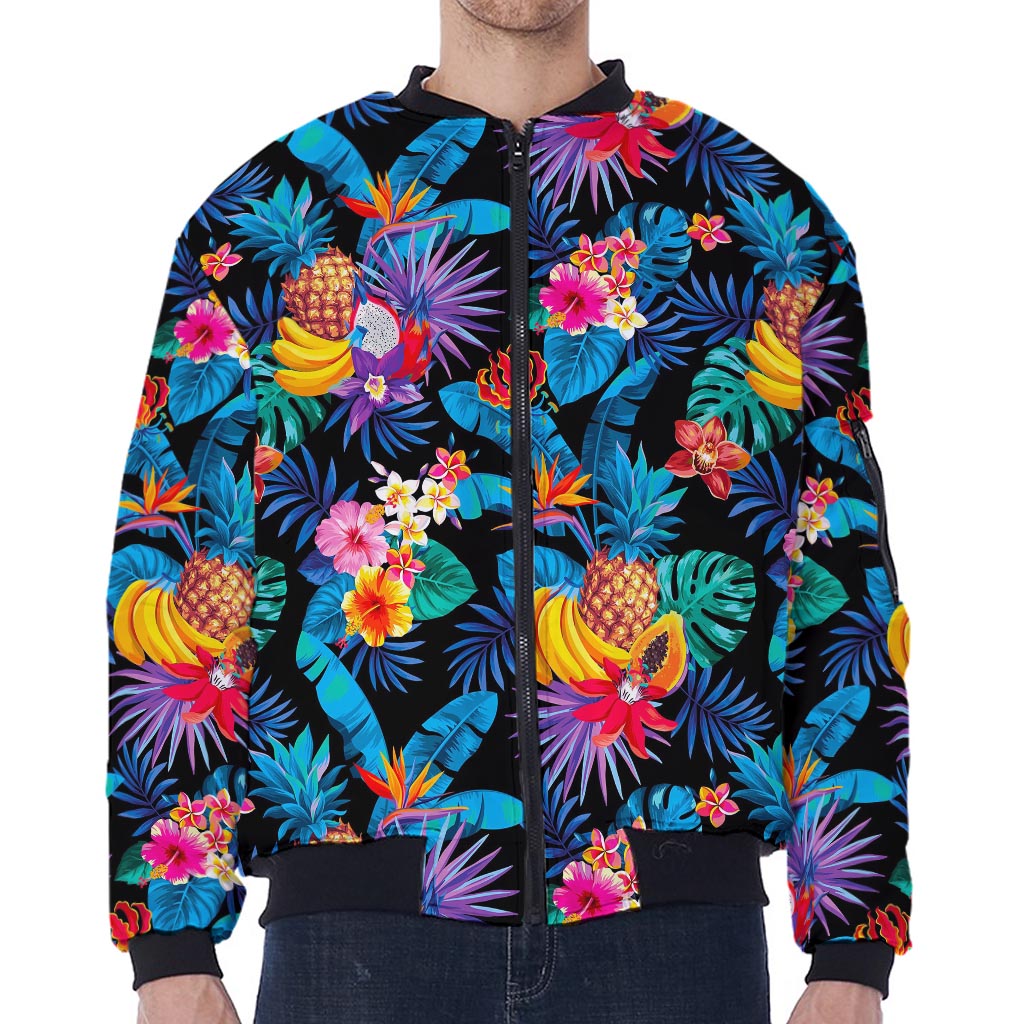 Turquoise Hawaiian Fruits Pattern Print Zip Sleeve Bomber Jacket