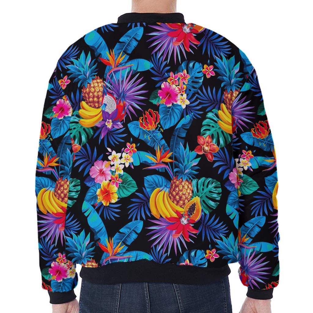 Turquoise Hawaiian Fruits Pattern Print Zip Sleeve Bomber Jacket
