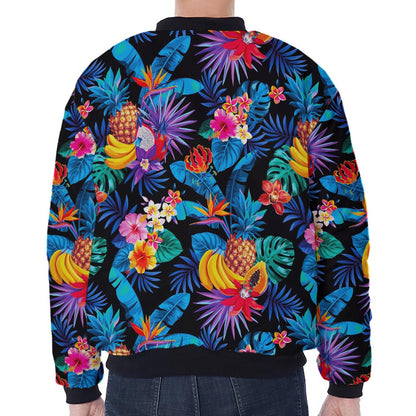 Turquoise Hawaiian Fruits Pattern Print Zip Sleeve Bomber Jacket