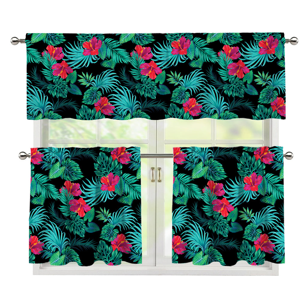 Turquoise Hawaiian Palm Leaves Print 3 Piece Kitchen Curtains