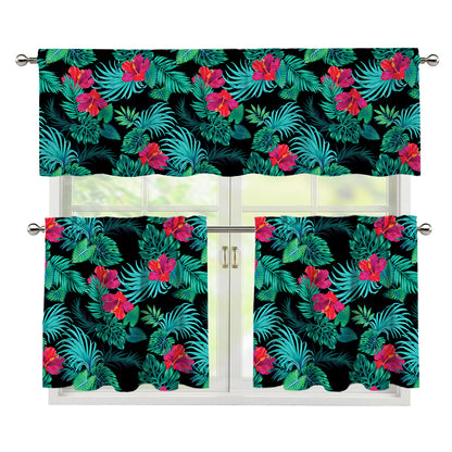 Turquoise Hawaiian Palm Leaves Print 3 Piece Kitchen Curtains