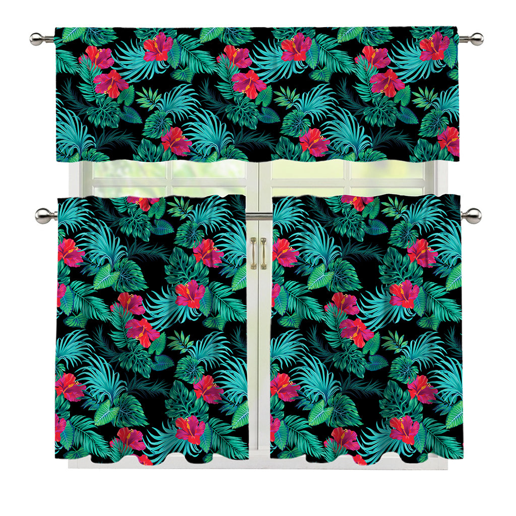 Turquoise Hawaiian Palm Leaves Print 3 Piece Kitchen Curtains