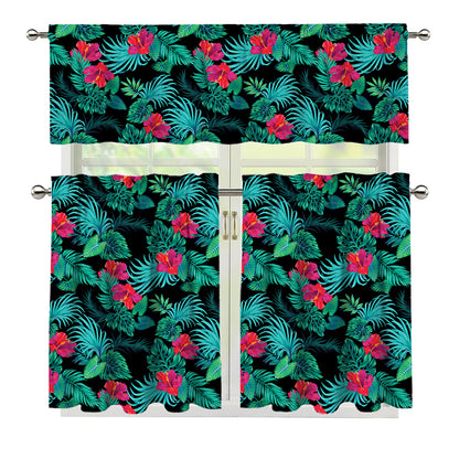 Turquoise Hawaiian Palm Leaves Print 3 Piece Kitchen Curtains