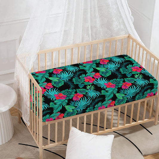 Turquoise Hawaiian Palm Leaves Print Baby Crib Sheet
