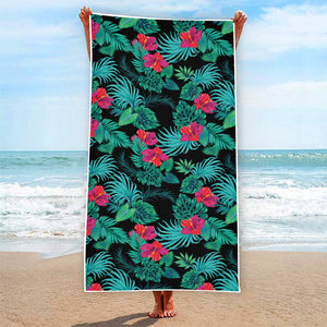 Turquoise Hawaiian Palm Leaves Print Beach Towel