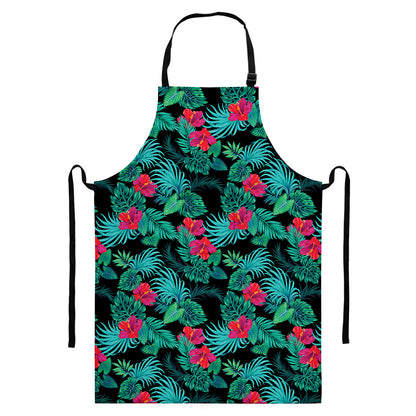 Turquoise Hawaiian Palm Leaves Print Bib Apron With Pocket