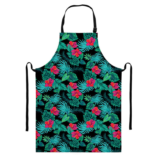 Turquoise Hawaiian Palm Leaves Print Bib Apron With Pocket