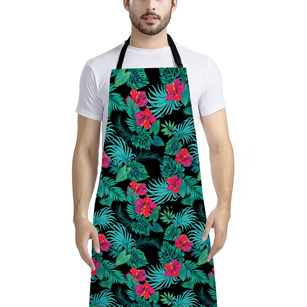 Turquoise Hawaiian Palm Leaves Print Bib Apron With Pocket