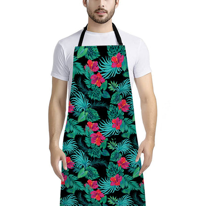 Turquoise Hawaiian Palm Leaves Print Bib Apron With Pocket