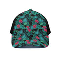 Turquoise Hawaiian Palm Leaves Print Black Mesh Trucker Hat