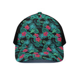 Turquoise Hawaiian Palm Leaves Print Black Mesh Trucker Cap
