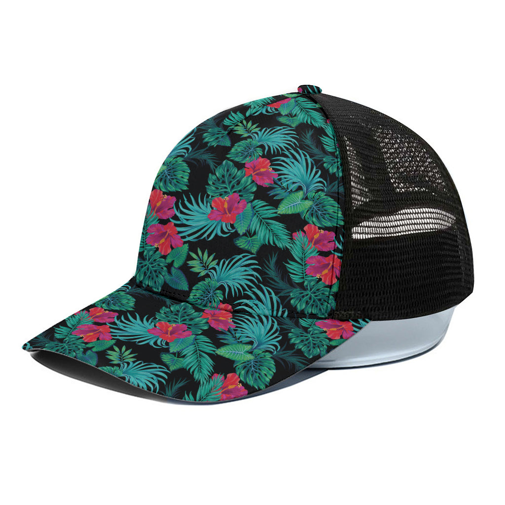 Turquoise Hawaiian Palm Leaves Print Black Mesh Trucker Cap