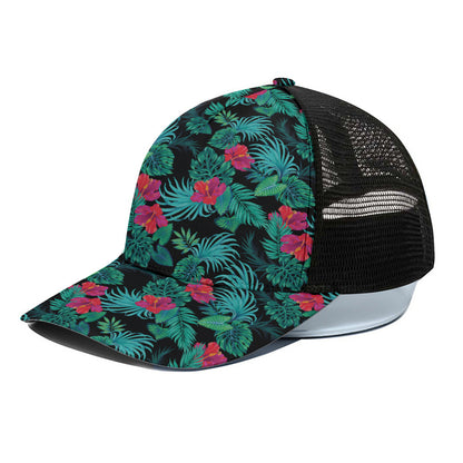 Turquoise Hawaiian Palm Leaves Print Black Mesh Trucker Cap