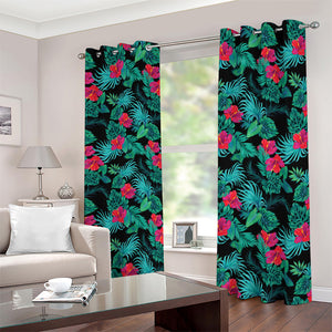 Turquoise Hawaiian Palm Leaves Print Blackout Grommet Curtains