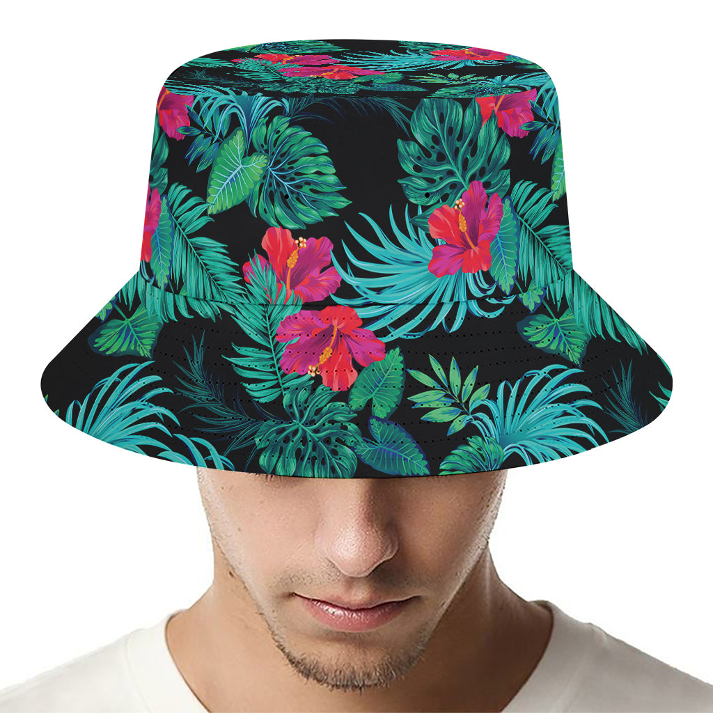 Turquoise Hawaiian Palm Leaves Print Bucket Hat