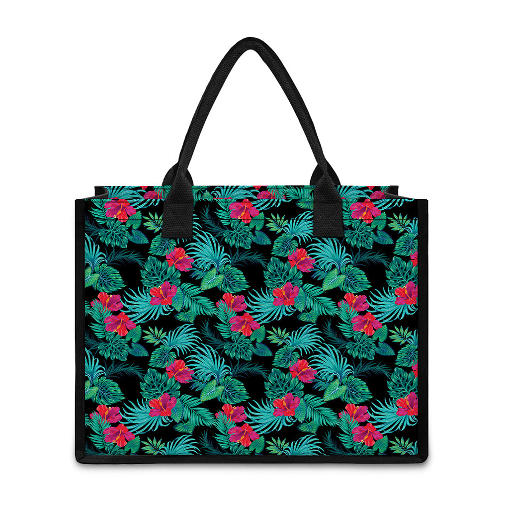 Turquoise Hawaiian Palm Leaves Print Canvas Tote Bag