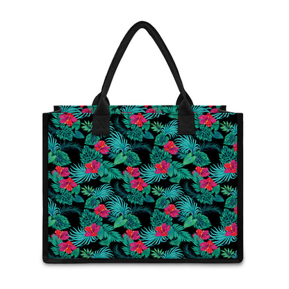 Turquoise Hawaiian Palm Leaves Print Canvas Tote Bag