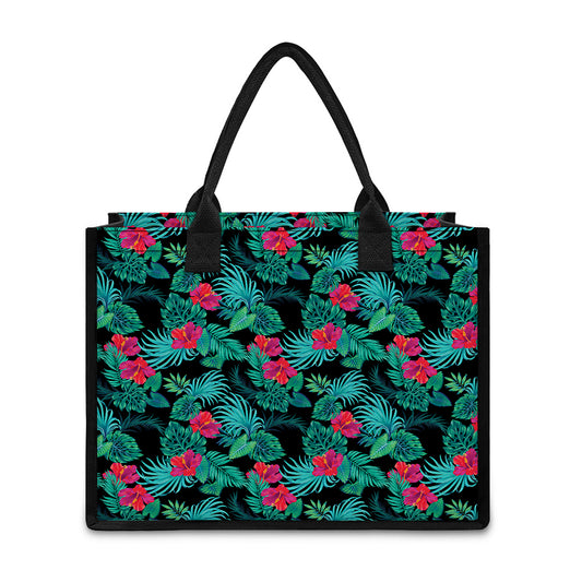 Turquoise Hawaiian Palm Leaves Print Canvas Tote Bag