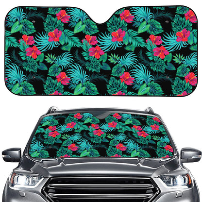 Turquoise Hawaiian Palm Leaves Print Car Windshield Sun Shade