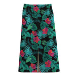 Turquoise Hawaiian Palm Leaves Print Cotton Front Slit Maxi Skirt