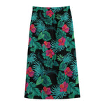 Turquoise Hawaiian Palm Leaves Print Cotton Front Slit Maxi Skirt