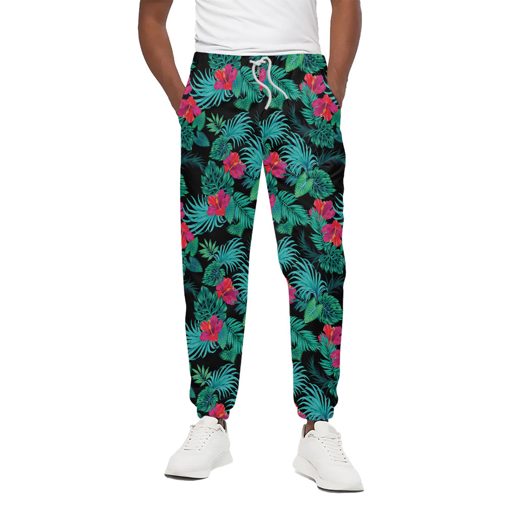 Turquoise Hawaiian Palm Leaves Print Cotton Pants