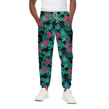 Turquoise Hawaiian Palm Leaves Print Cotton Pants
