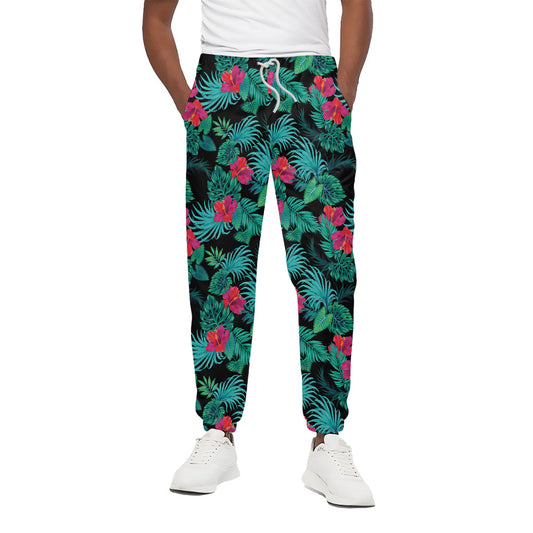 Turquoise Hawaiian Palm Leaves Print Cotton Pants
